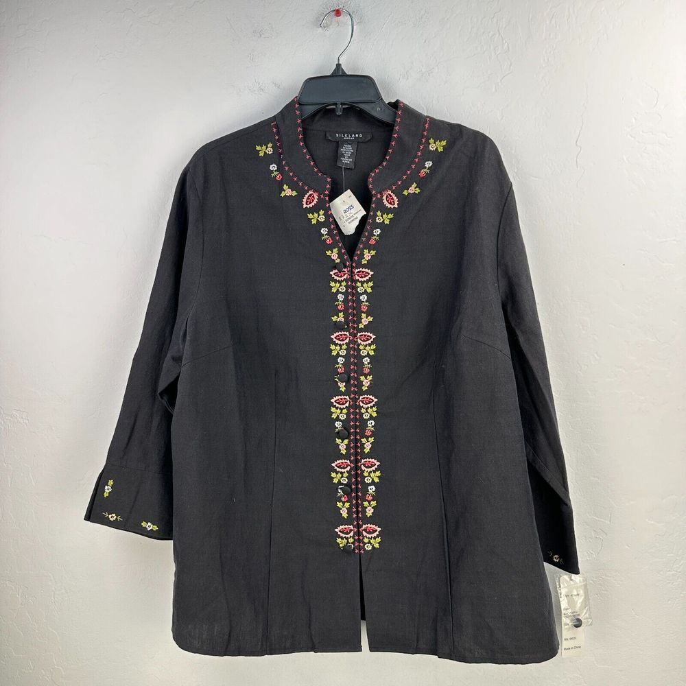 Silkland Jacket Womens 2X Black Embroidered Floral Woven Grannycore Boho NWT